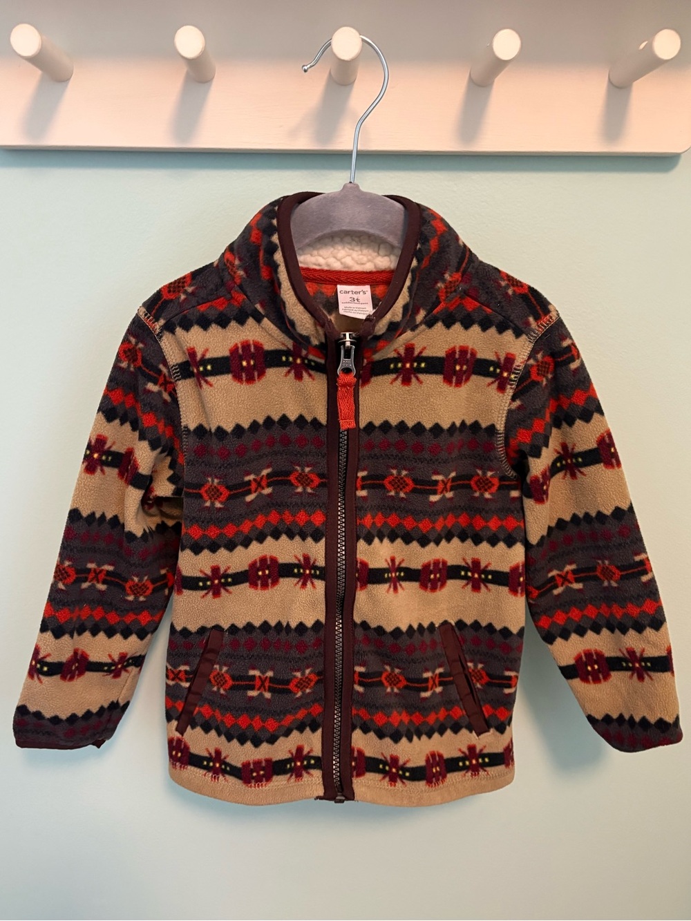 Carter's Tan, Red and Navy Patterned Fleece Zip Jacket